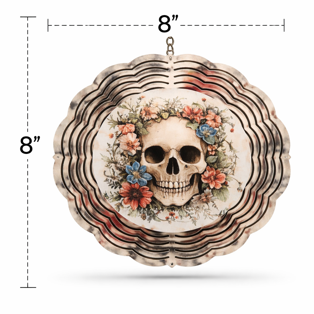 Gothic Floral Skull 3D Wind Spinner – 8" Double-Sided