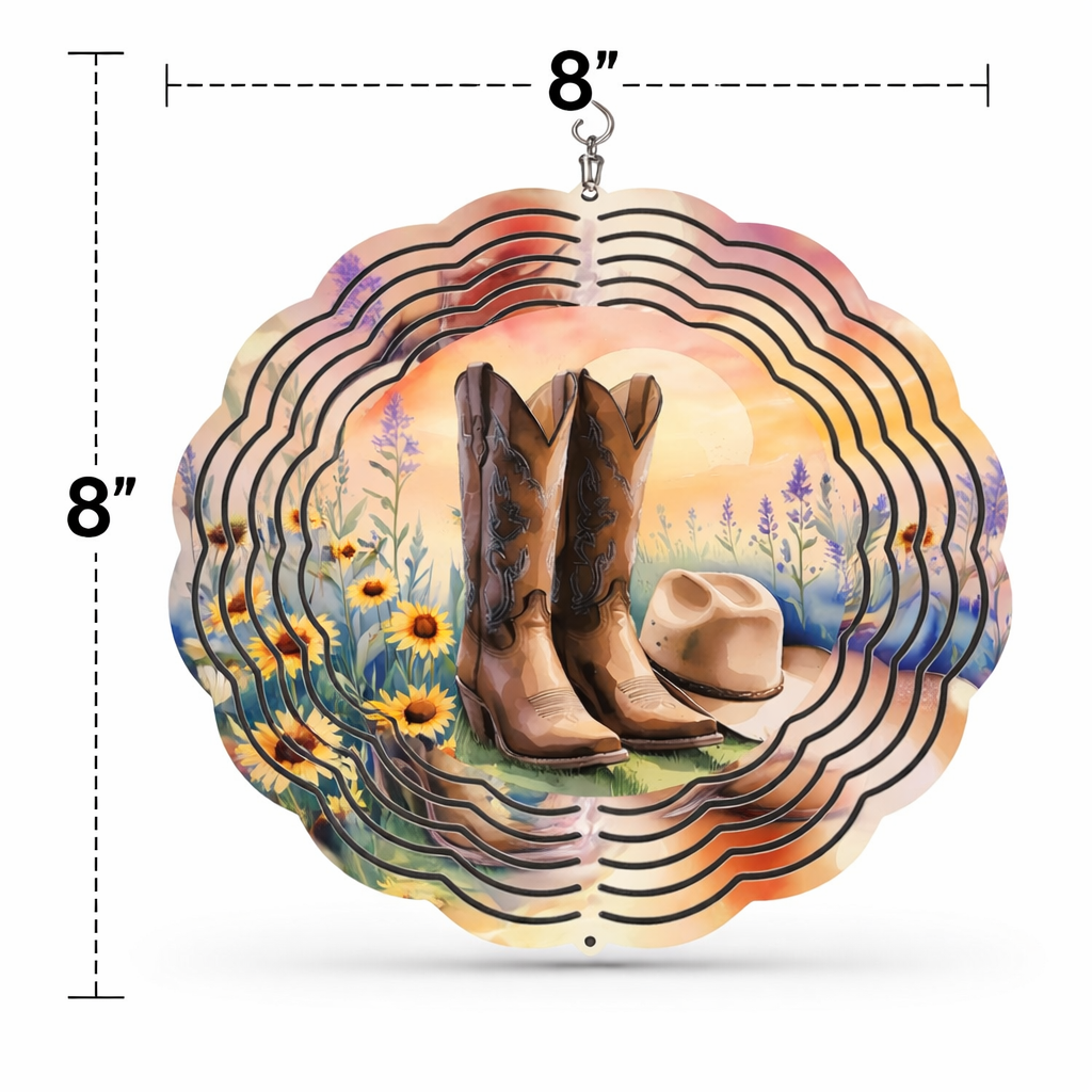 Western Boots &amp; Hat 3D Wind Spinner – 8" Double-Sided