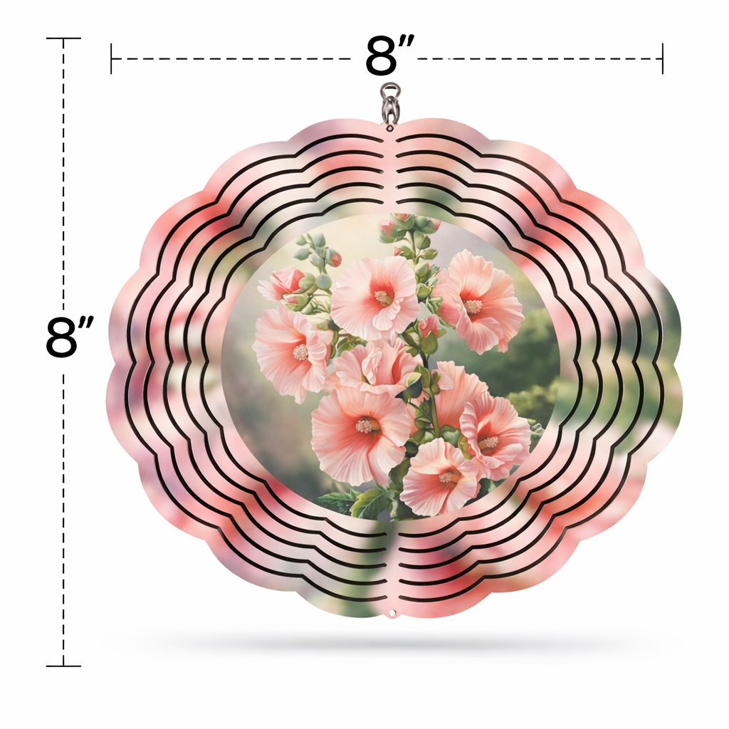 Pink Hollyhock Wind Spinner – 8" Double-Sided Garden Decor