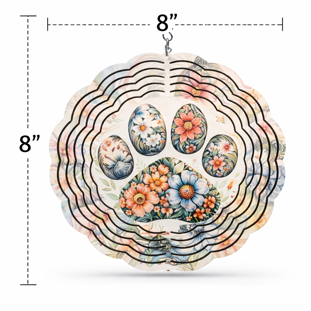 🐾 Floral Paw Print 3D Wind Spinner – 8" Double-Sided