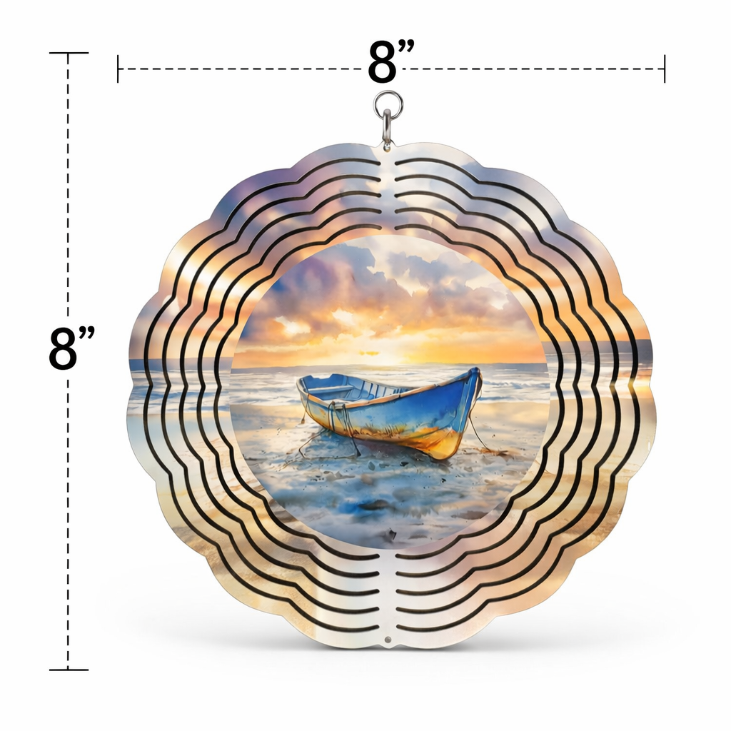 Sunset Rowboat Beach 3D Wind Spinner – 8" Double-Sided