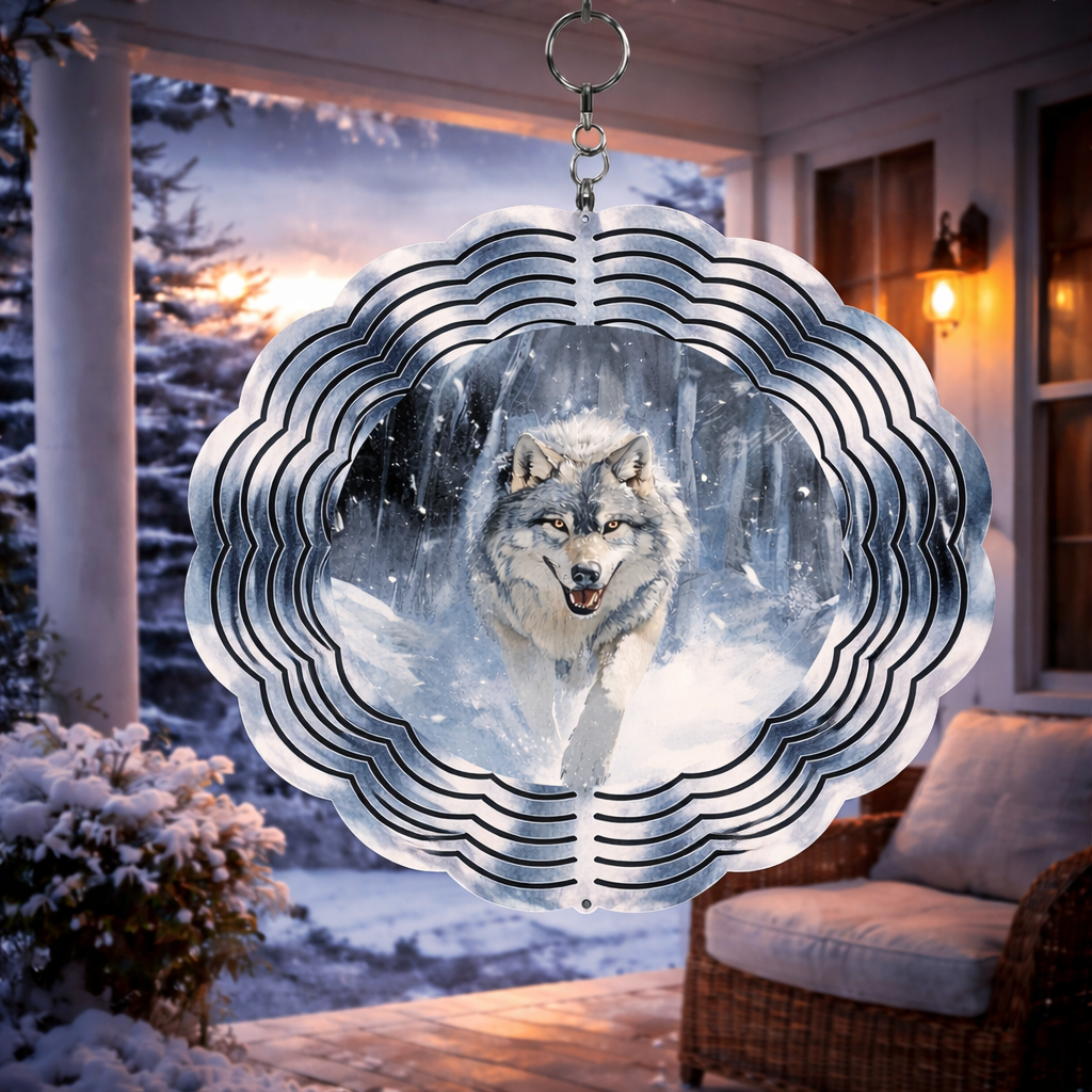 Snow Wolf Wind Spinner – 8" Double-Sided Metal Garden Spinner