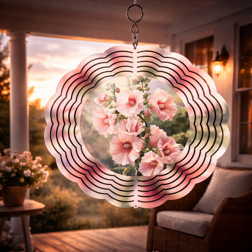 Pink Hollyhock Wind Spinner – 8" Double-Sided Garden Decor
