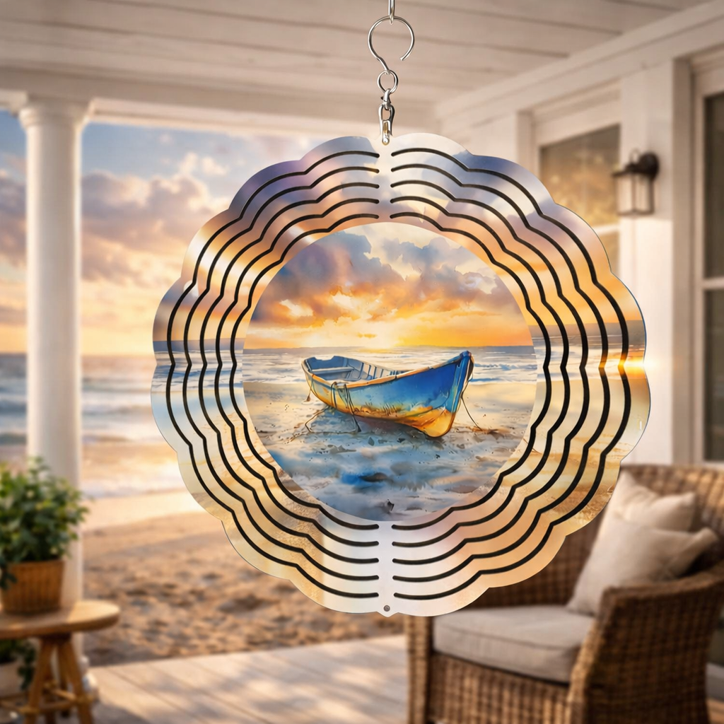 Sunset Rowboat Beach 3D Wind Spinner – 8" Double-Sided