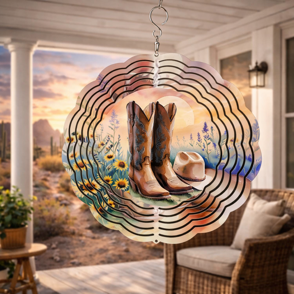 Western Boots &amp; Hat 3D Wind Spinner – 8" Double-Sided