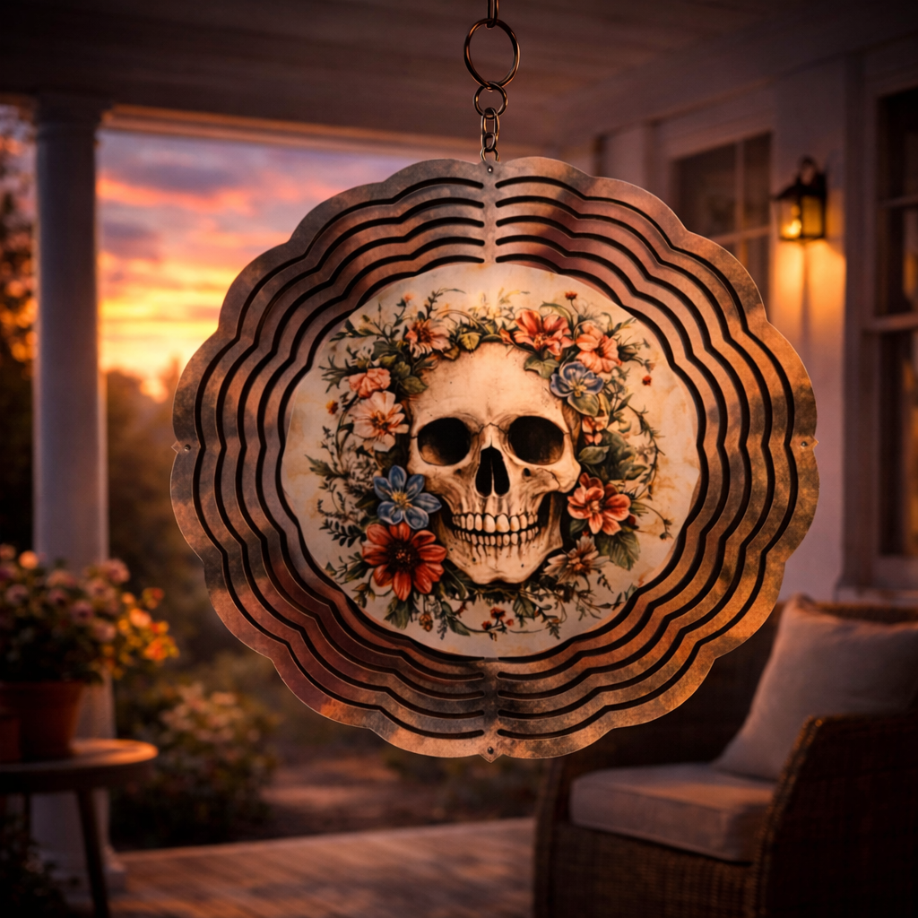 Gothic Floral Skull 3D Wind Spinner – 8" Double-Sided