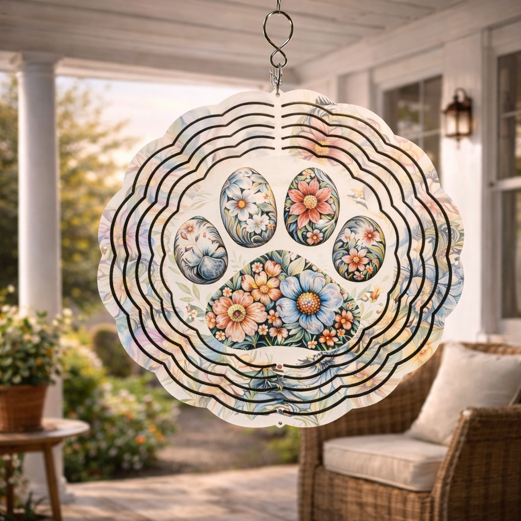 🐾 Floral Paw Print 3D Wind Spinner – 8" Double-Sided