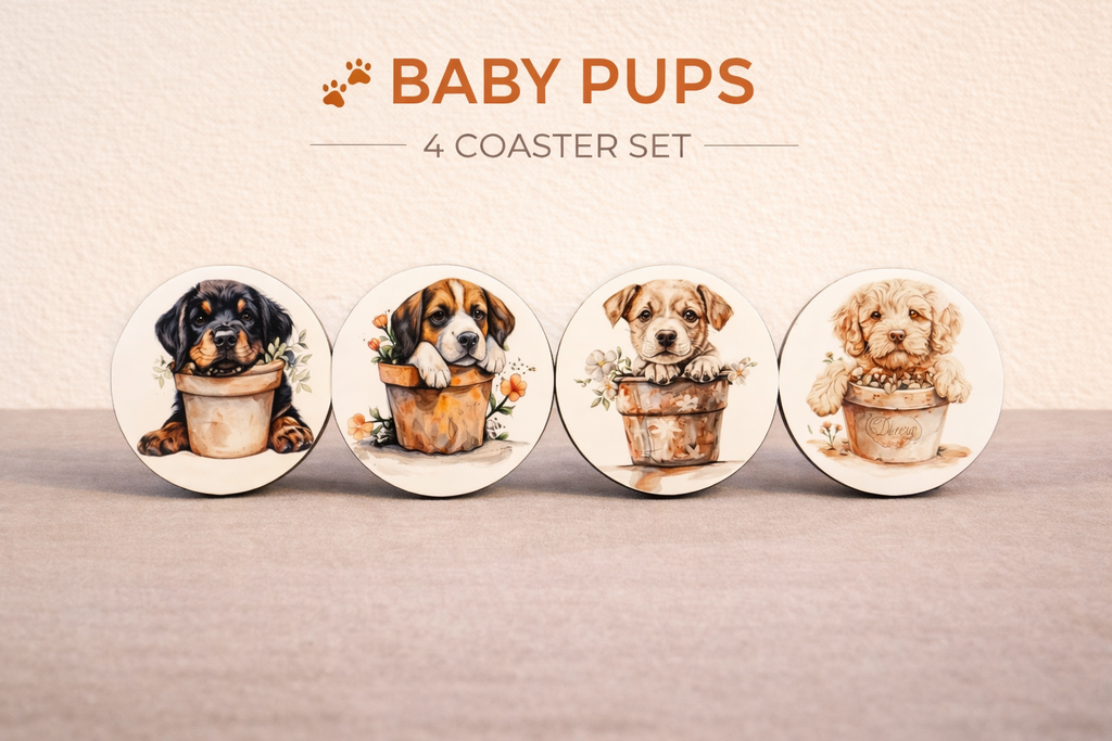 Flowerpot Puppies 4 Coaster Set