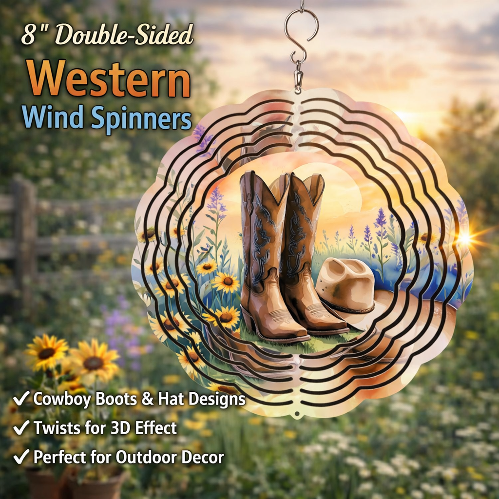 Western Boots &amp; Hat 3D Wind Spinner – 8" Double-Sided