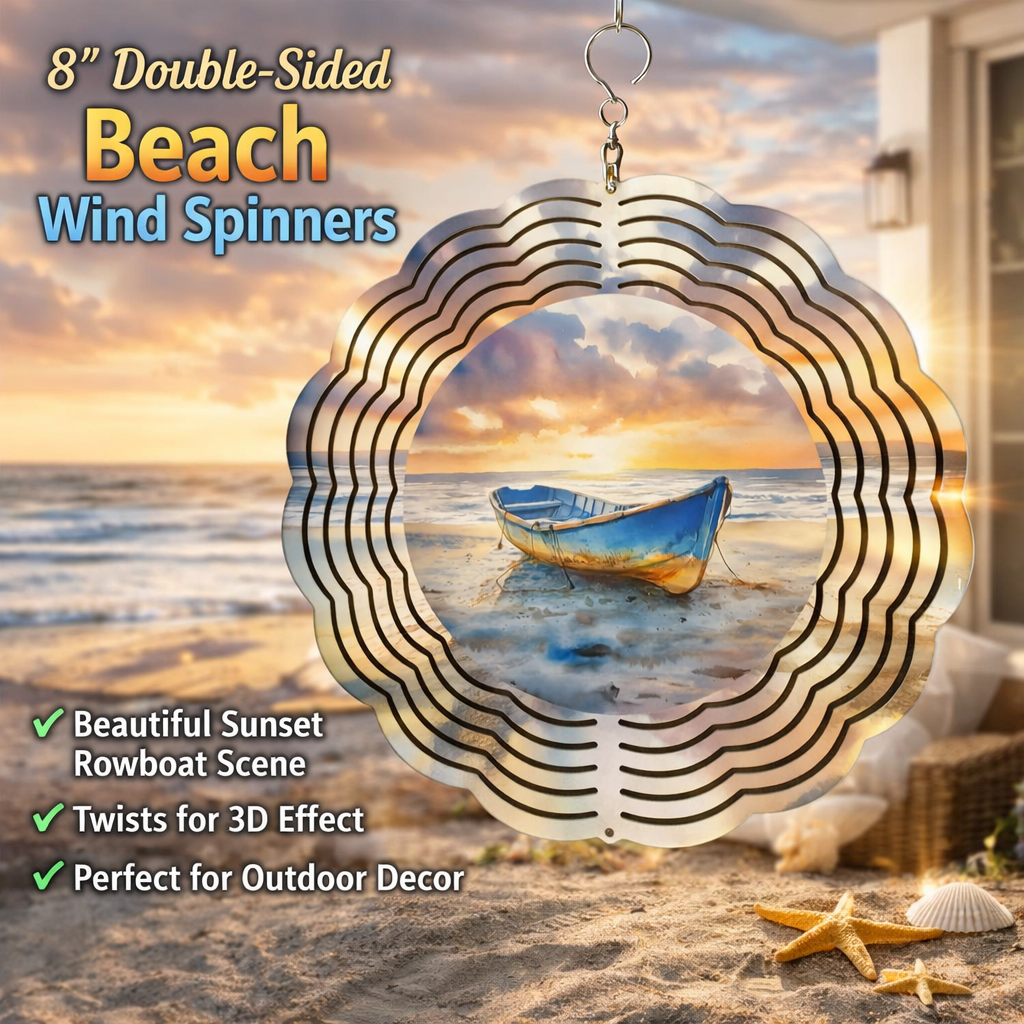 Sunset Rowboat Beach 3D Wind Spinner – 8" Double-Sided