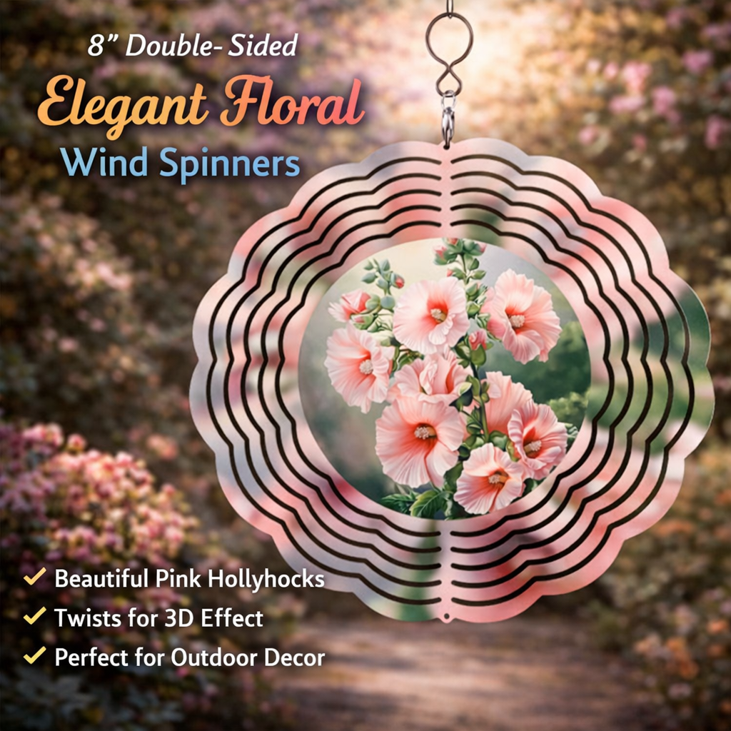 Pink Hollyhock Wind Spinner – 8" Double-Sided Garden Decor