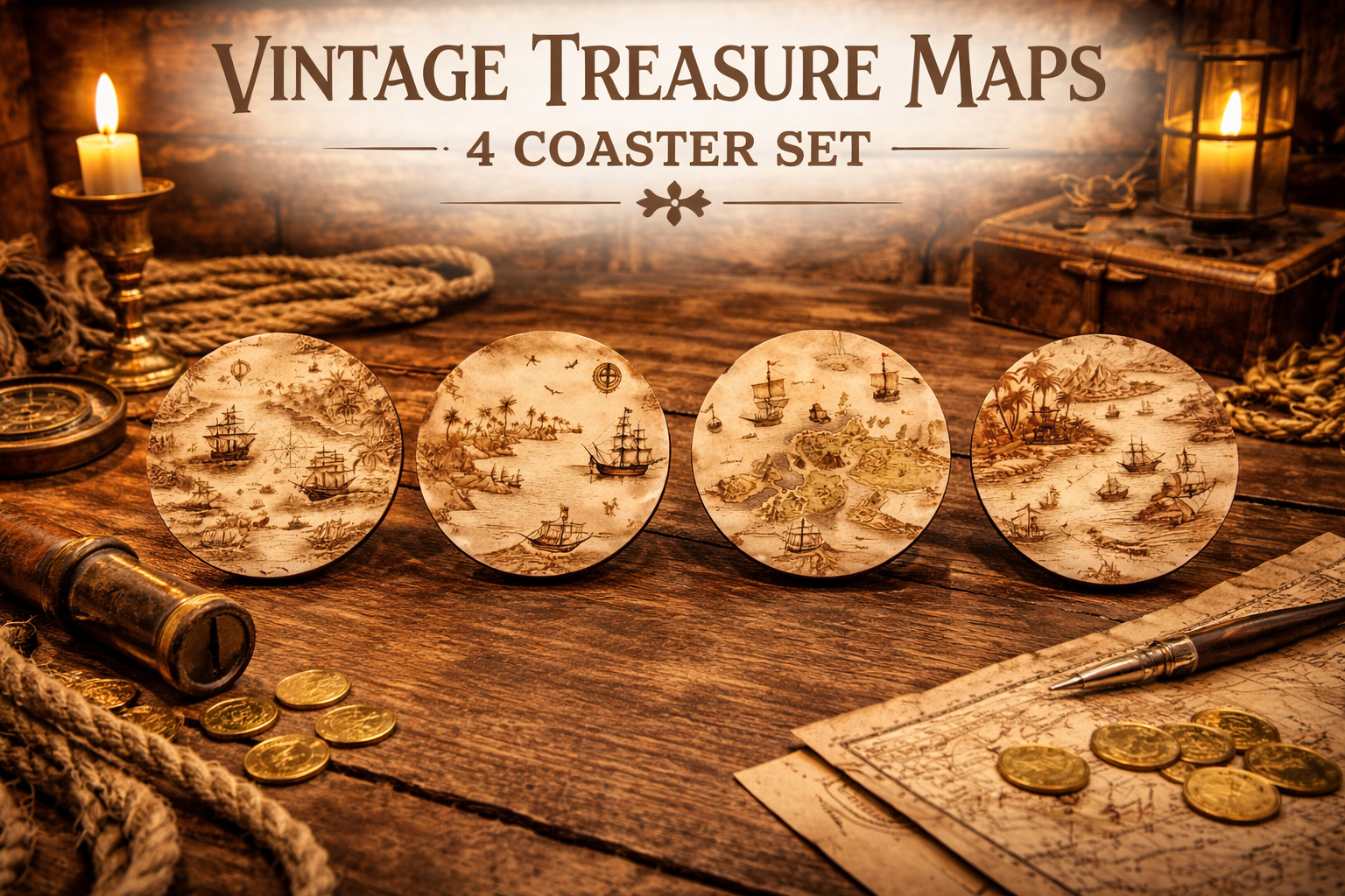 Vintage Treasure Maps – 4 Coaster Set