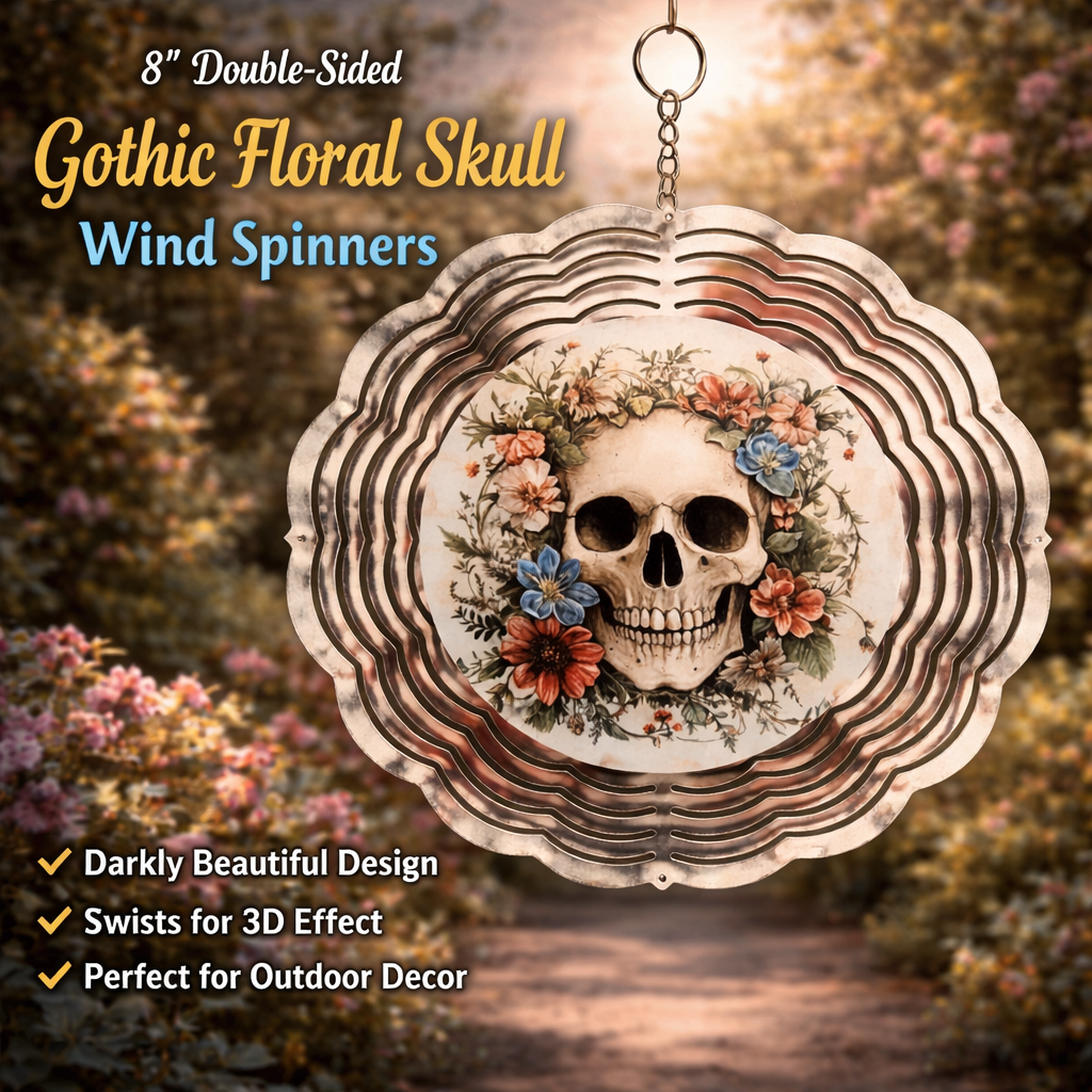 Gothic Floral Skull 3D Wind Spinner – 8" Double-Sided